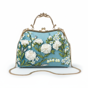 Vintage Blue Floral Embroidered Handbag – Elegant Retro Purse with White Roses