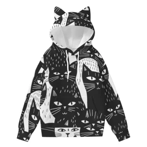 Cat Ear Hoodie for Women – Black and White Cat Print Graphic Sweatshirt with Ears
